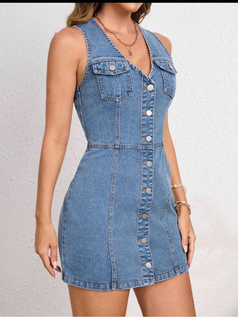 Denim Button-Front Sleeveless Bodycon Dress - Blue - Picture 5 of 6